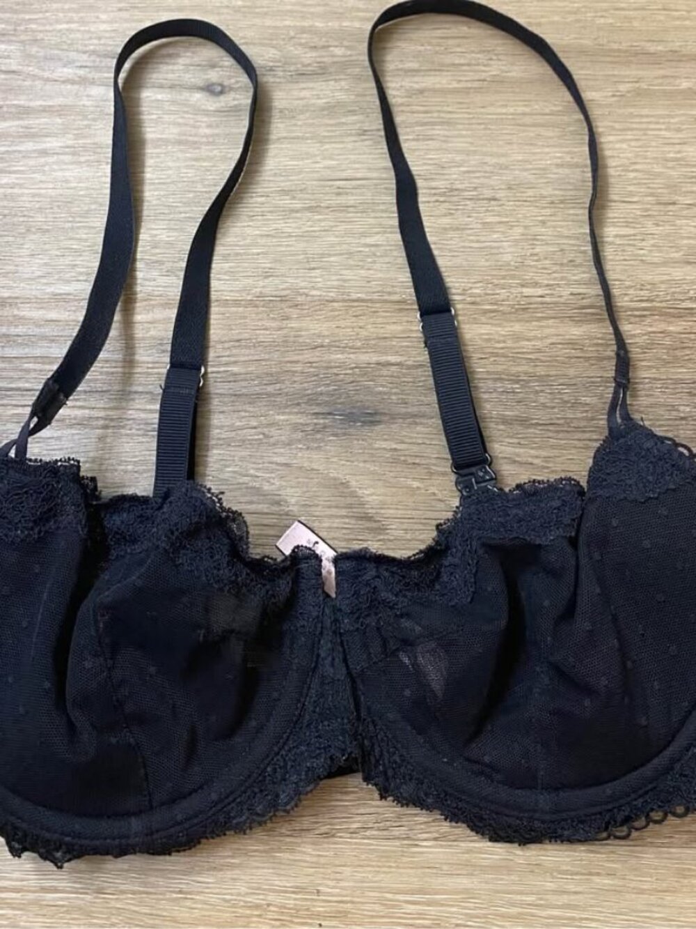 Dobreva Black Lace Sheer Polka Dot Balconette Underwire Bra 36C